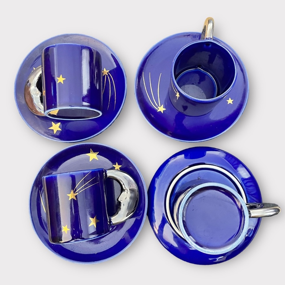 Vintage-Cobalt Blue Celestial Mugs with Moon Handle. Coffee Espresso Moon stars